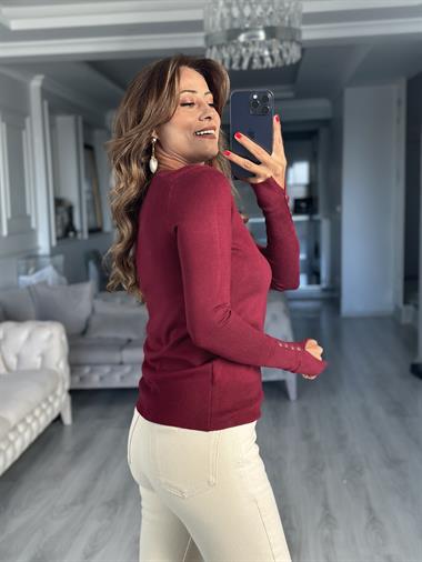 Bordo Bisiklet Yaka Kol Ucu Düğme Detay Kadın Triko Kazak