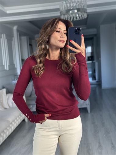 Bordo Bisiklet Yaka Kol Ucu Düğme Detay Kadın Triko Kazak