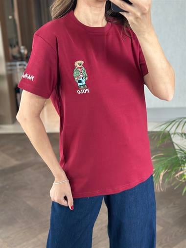 Bordo Bisiklet Yaka Kol Ucu Yazı Nakışlı  Ayıcık Kadın T-Shirt 