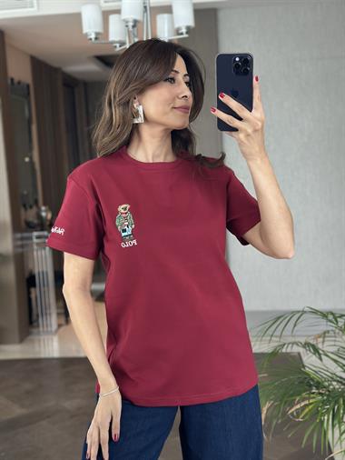 Bordo Bisiklet Yaka Kol Ucu Yazı Nakışlı  Ayıcık Kadın T-Shirt 