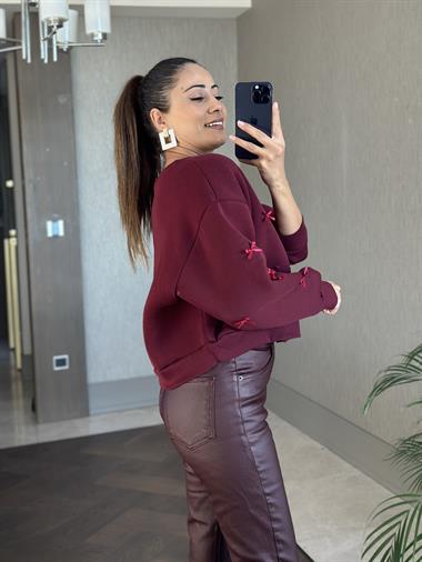 Bordo Bisiklet Yaka Kurdele Detaylı Şardonlu Kadın Sweatshirt
