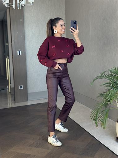 Bordo Bisiklet Yaka Kurdele Detaylı Şardonlu Kadın Sweatshirt