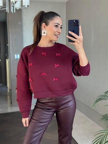 Bordo Bisiklet Yaka Kurdele Detaylı Şardonlu Kadın Sweatshirt