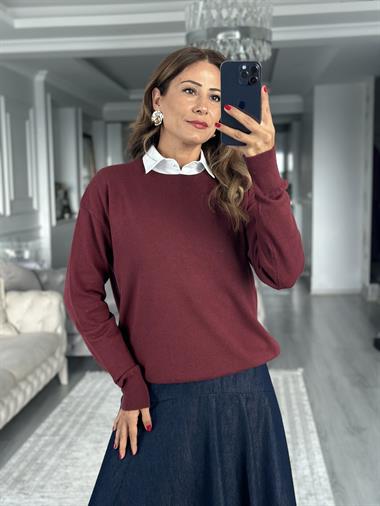 Bordo Bisiklet Yaka Yünlü Basic Kadın Triko Kazak