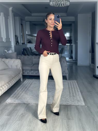 Bordo Bisiklet Yaka Yünlü Yarım Düğmeli Kadın Triko Kazak