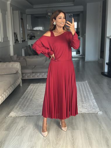 Bordo Bluzlu Piliseli Midi Boy Kadın İkili Elbise