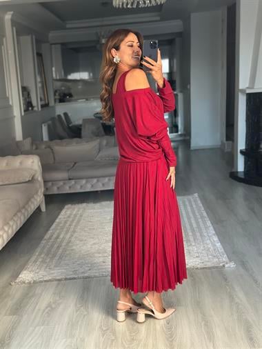 Bordo Bluzlu Piliseli Midi Boy Kadın İkili Elbise