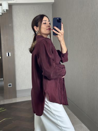 Bordo Cepleri Kapaklı Uzun Kol Kadın Saten Gömlek