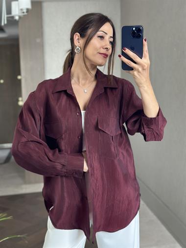 Bordo Cepleri Kapaklı Uzun Kol Kadın Saten Gömlek