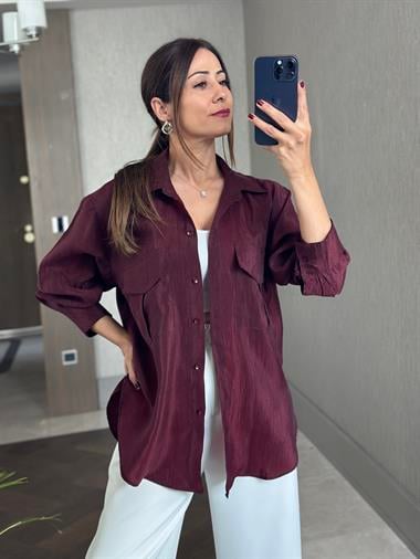 Bordo Cepleri Kapaklı Uzun Kol Kadın Saten Gömlek
