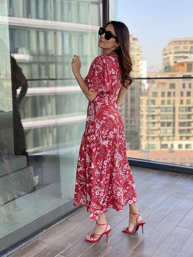 Bordo Çiçek Desenli Asimetrik Maksi Boy Elbise