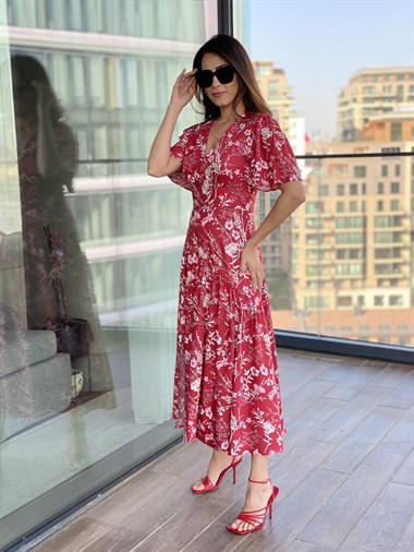 Bordo Çiçek Desenli Asimetrik Maksi Boy Elbise