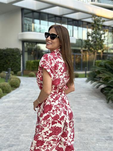 Bordo Çiçek Desenli Düğmeli Gömlek Yaka Kadın Tulum