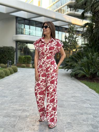 Bordo Çiçek Desenli Düğmeli Gömlek Yaka Kadın Tulum