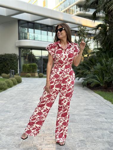 Bordo Çiçek Desenli Düğmeli Gömlek Yaka Kadın Tulum