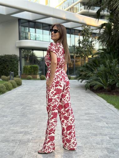 Bordo Çiçek Desenli Düğmeli Gömlek Yaka Kadın Tulum