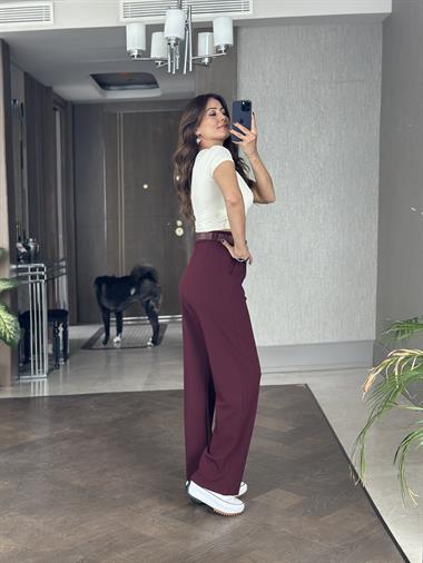 Bordo Çift Pileli Kemerli Likralı Krep Kadın Pantolon