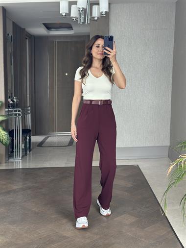 Bordo Çift Pileli Kemerli Likralı Krep Kadın Pantolon