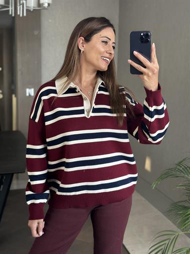 Bordo Çizgili Polo Yaka Kadın Triko Kazak
