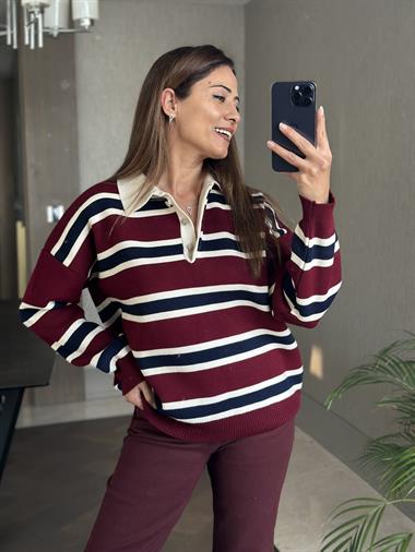 Bordo Çizgili Polo Yaka Kadın Triko Kazak