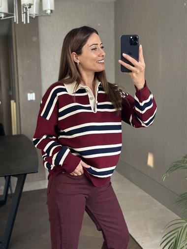 Bordo Çizgili Polo Yaka Kadın Triko Kazak