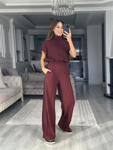 Bordo Dik Yaka Kolsuz Bluz Pantolon Selanik Kadın İkili Takım