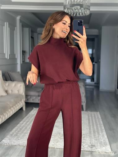 Bordo Dik Yaka Kolsuz Bluz Pantolon Selanik Kadın İkili Takım