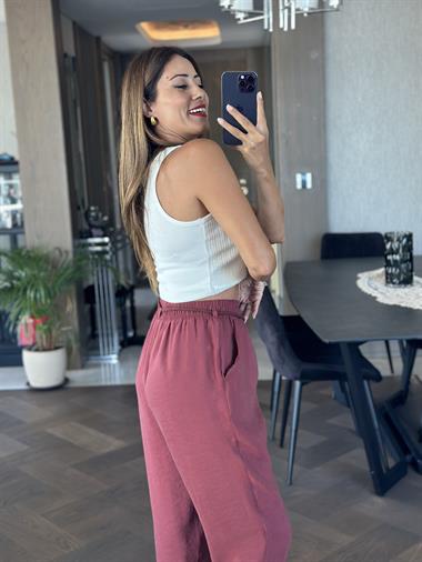 Bordo Duble Paça Örgü Kemerli Tnsel Kadın Pantolon