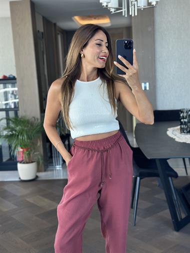 Bordo Duble Paça Örgü Kemerli Tnsel Kadın Pantolon