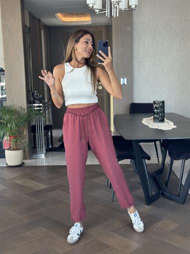Bordo Duble Paça Örgü Kemerli Tnsel Kadın Pantolon