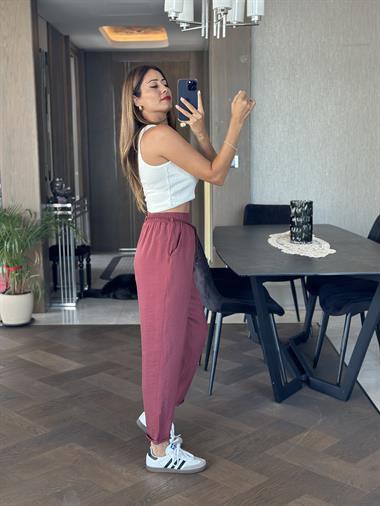 Bordo Duble Paça Örgü Kemerli Tnsel Kadın Pantolon