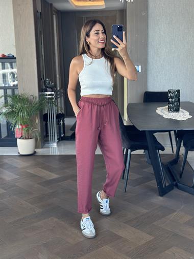 Bordo Duble Paça Örgü Kemerli Tnsel Kadın Pantolon