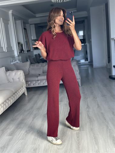 Bordo Düşük Kol Bluz Pantolon Kadın Triko İkili Takım