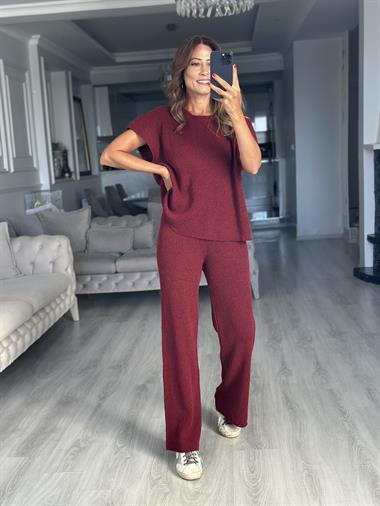 Bordo Düşük Kol Bluz Pantolon Kadın Triko İkili Takım