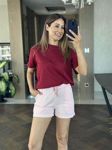 Bordo Düz Basic Mass Model Kadın T-Shirt