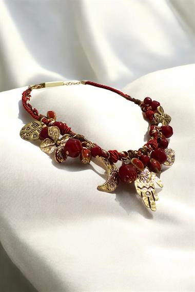 Bordo Etnik Sembollü Kadın Kolye