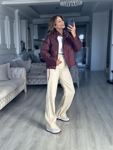 Bordo Fermuarlı Beli Bağcıklı Kapitone Kadın Ceket