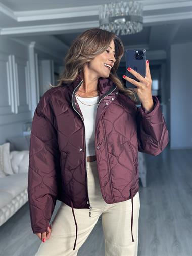 Bordo Fermuarlı Beli Bağcıklı Kapitone Kadın Ceket