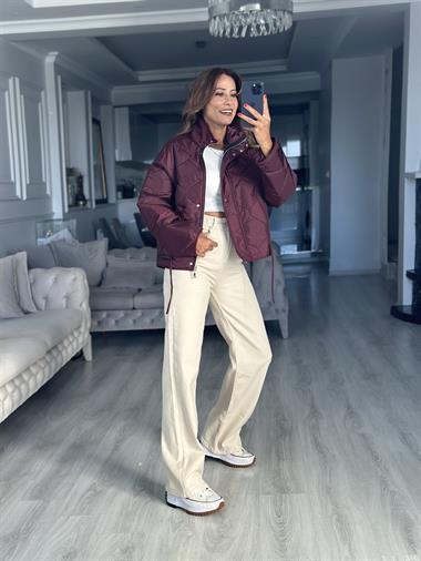 Bordo Fermuarlı Beli Bağcıklı Kapitone Kadın Ceket