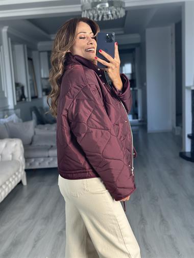 Bordo Fermuarlı Beli Bağcıklı Kapitone Kadın Ceket