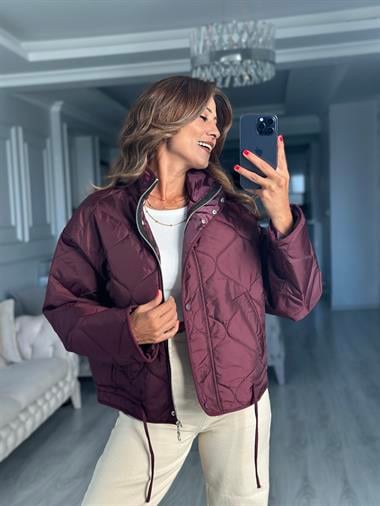 Bordo Fermuarlı Beli Bağcıklı Kapitone Kadın Ceket