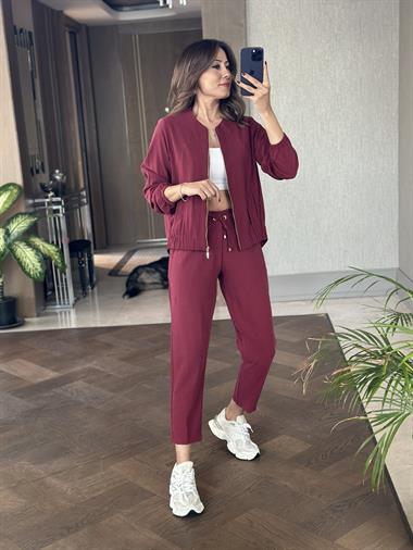 Bordo Fermuarlı Ceket Pantolon Kadın Alt Üst Takım