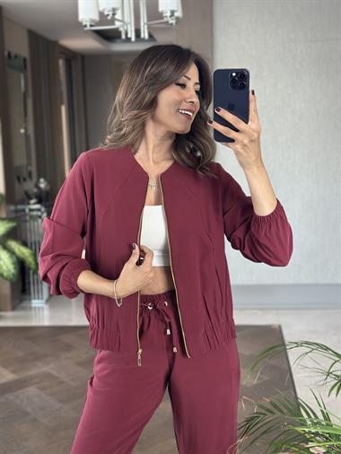 Bordo Fermuarlı Ceket Pantolon Kadın Alt Üst Takım