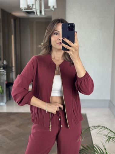 Bordo Fermuarlı Ceket Pantolon Kadın Alt Üst Takım