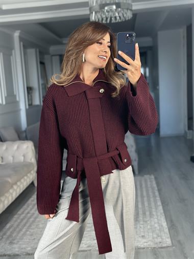 Bordo Fermuarlı Kemerli Düğmeli Yünlü Kadın Ceket