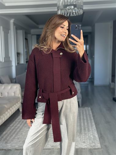 Bordo Fermuarlı Kemerli Düğmeli Yünlü Kadın Ceket