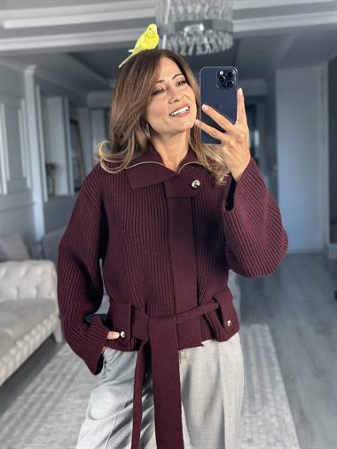 Bordo Fermuarlı Kemerli Düğmeli Yünlü Kadın Ceket