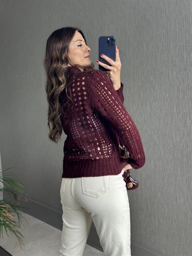 Bordo  File Örgü Polo Yaka Düğmeli Kadın Triko Kazak