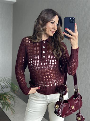 Bordo  File Örgü Polo Yaka Düğmeli Kadın Triko Kazak