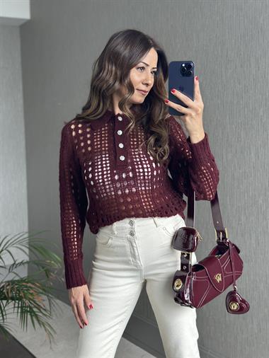 Bordo  File Örgü Polo Yaka Düğmeli Kadın Triko Kazak